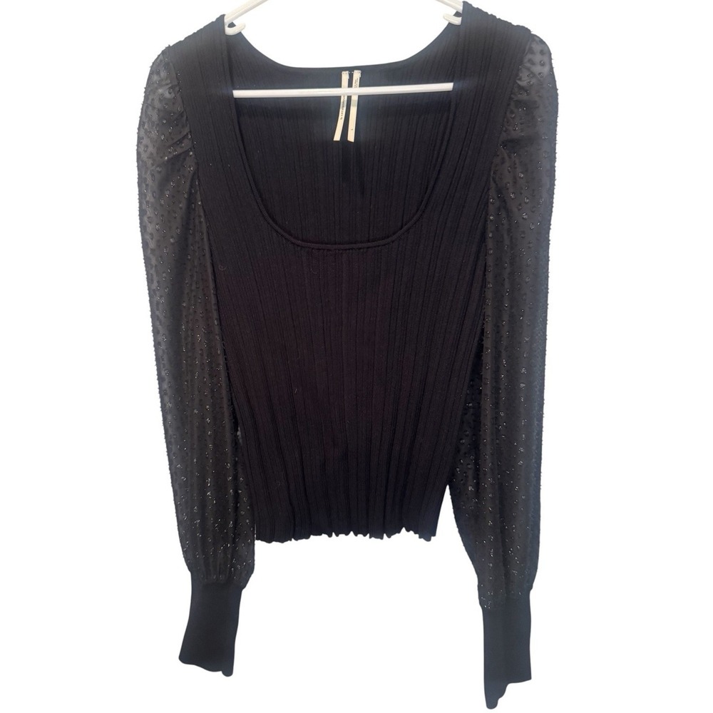 By Anthropologie Black Scoop Neck Ribbed Sheer Sparkly Balloon Sleeve Top L